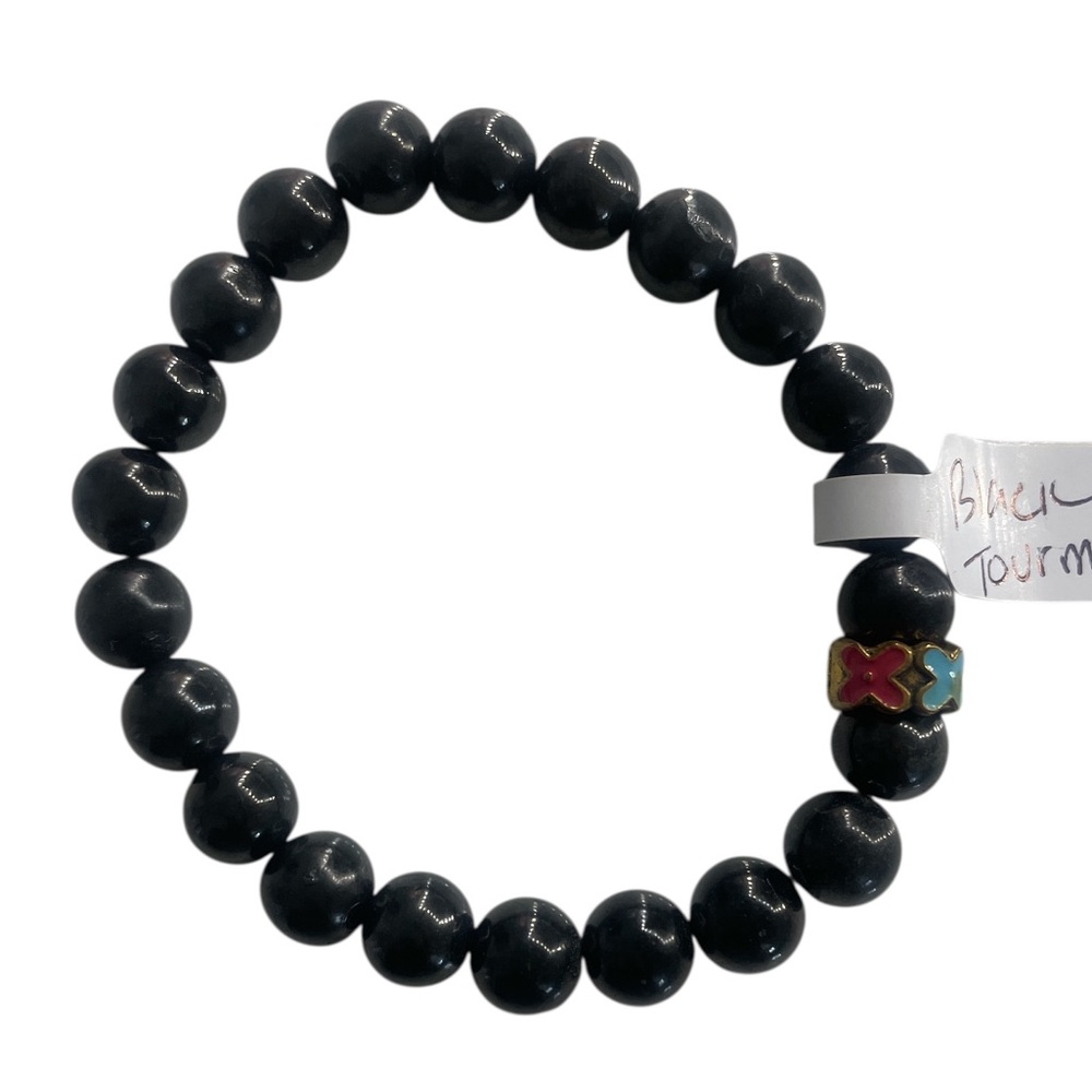 Black Tourmaline Stretch Bracelet with Flower center - Picture 4 of 4
